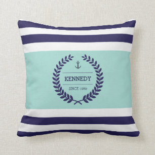 Personalized Nautical Family Crest Stripe Pattern Throw Pillow