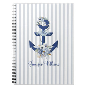 Personalized Nautical Floral Navy Stripes Notebook