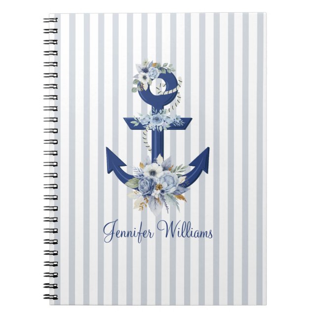 Personalized Nautical Floral Navy Stripes Notebook (Front)