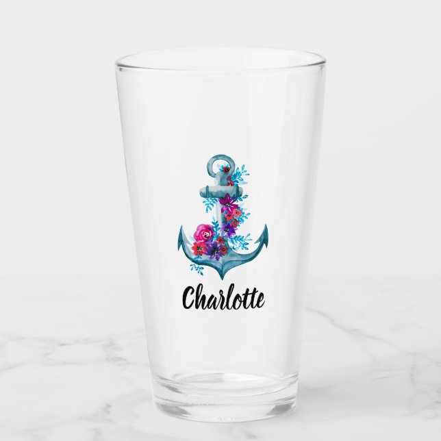 Personalized Nautical Floral Watercolor Anchor Glass (Front)