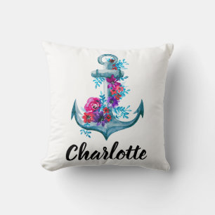 Personalized Nautical Floral Watercolor Anchor Throw Pillow