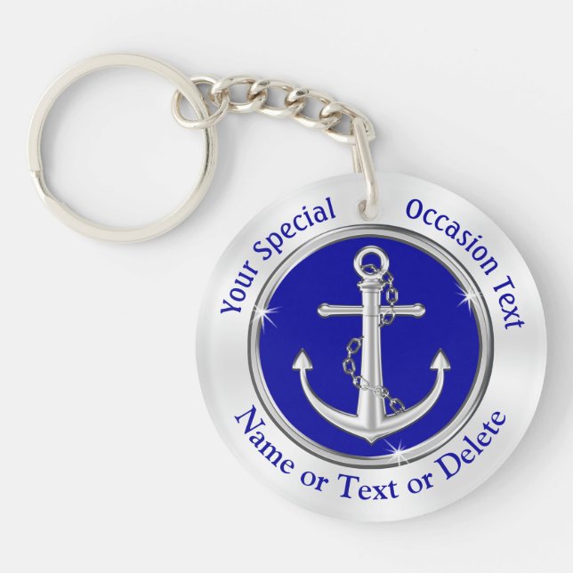 Personalized Nautical Gifts, Blue, White, Anchor Keychain (Front)