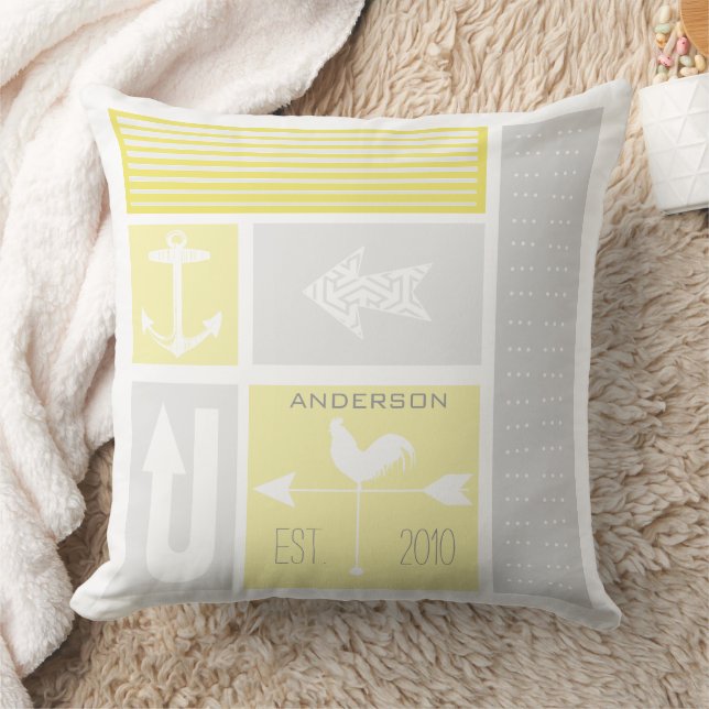 Personalized Nautical Grey Yellow Colour Block Throw Pillow (Blanket)