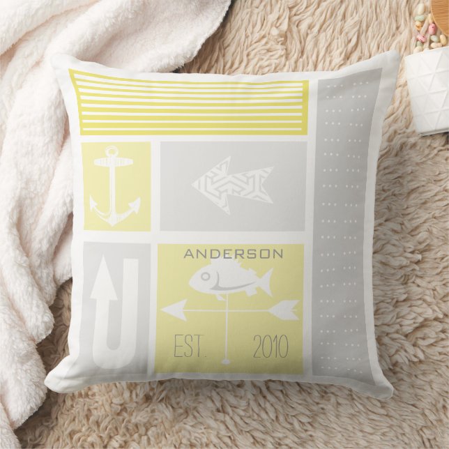 Personalized Nautical Grey Yellow Colour Block Throw Pillow (Blanket)