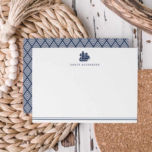 Personalized Nautical Navy and White Stationery Card (Creator Uploaded)