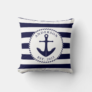 Personalized Nautical Navy Blue Anchor and Rope Throw Pillow