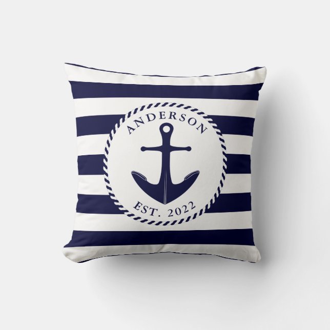 Personalized Nautical Navy Blue Anchor and Rope Throw Pillow (Front)