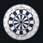 Personalized Nautical Navy Blue and White Dartboard<br><div class="desc">Nautical navy blue and white dartboard with your own custom text on the top and bottom. With a twist on the classic style dartboard,  this fun game board features an off-white and navy blue colour scheme to work well with many home decor styles for a modern twist.</div>