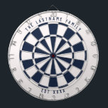 Personalized Nautical Navy Blue and White Dartboard<br><div class="desc">Nautical navy blue and white dartboard with your own custom text on the top and bottom. With a twist on the classic style dartboard,  this fun game board features an off-white and navy blue colour scheme to work well with many home decor styles for a modern twist.</div>
