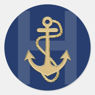Personalized Nautical Navy Blue Gold MONOGRAM Classic Round Sticker
