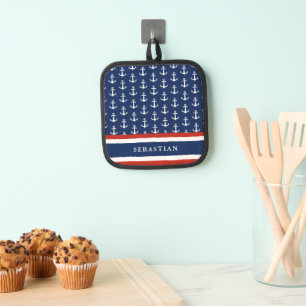 Personalized Nautical Navy Blue Red White Anchor Pot Holder