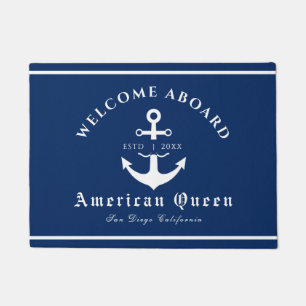 Personalized Nautical Navy Blue Welcome Aboard  Doormat