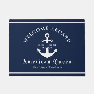 Personalized Nautical Navy Blue Welcome Aboard Doormat