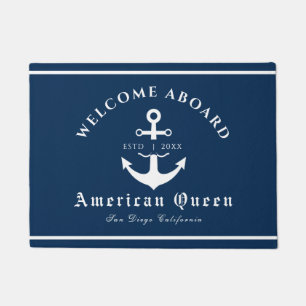 Personalized Nautical Navy Blue Welcome Aboard Doormat