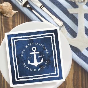 Personalized Nautical Navy Blue White Anchor Napkin