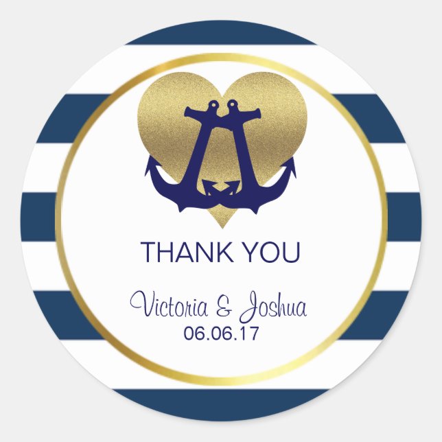 Personalized Nautical Navy Gold Heart Wedding Classic Round Sticker (Front)