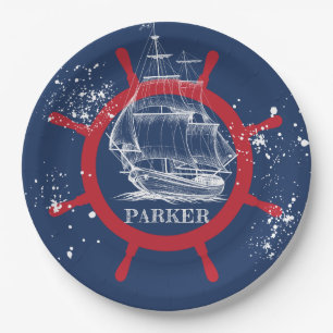 Personalized Nautical Party Sailboat Blue Paper Plate