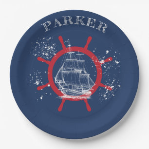 Personalized Nautical Party Sailboat Blue Paper Plate