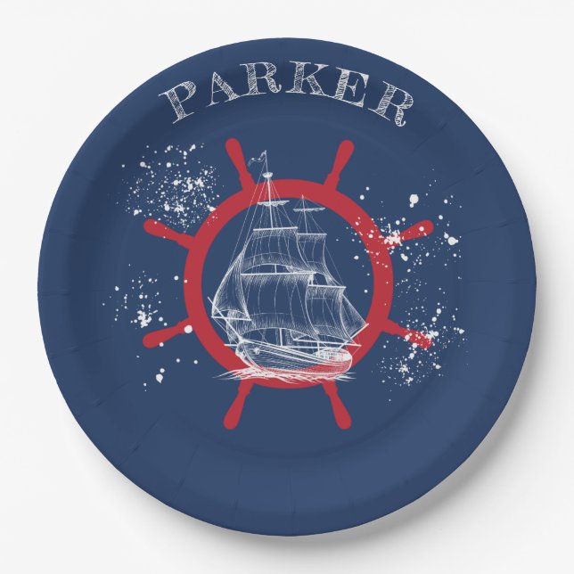 Personalized Nautical Party Sailboat Blue Paper Plate (Front)