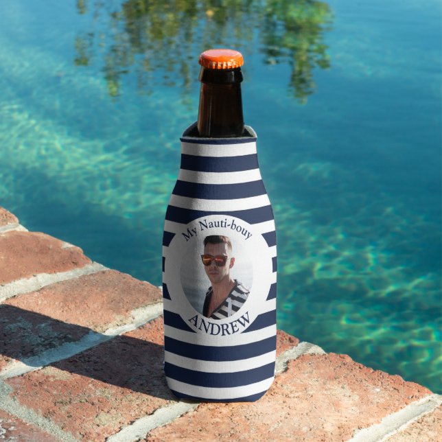 Personalized Nautical Photo Navy Stripe Bottle  Cooler (In Situ Pool)