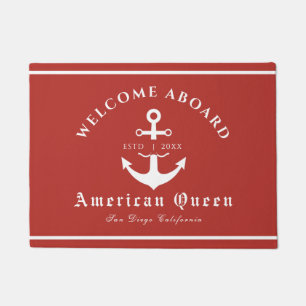 Personalized Nautical Red Welcome Aboard  Doormat