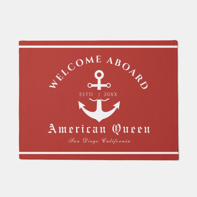 Personalized Nautical Red Welcome Aboard  Doormat (Front)