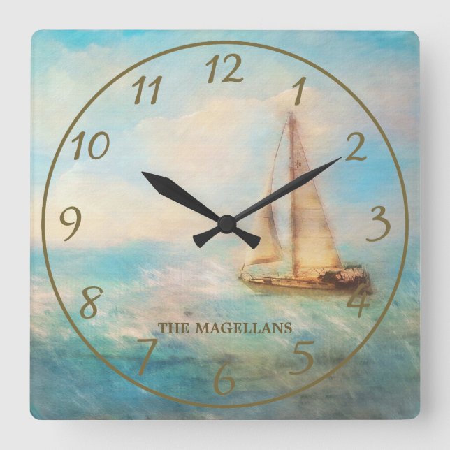Personalized Nautical Sailboat and Sea Painting Square Wall Clock (Front)