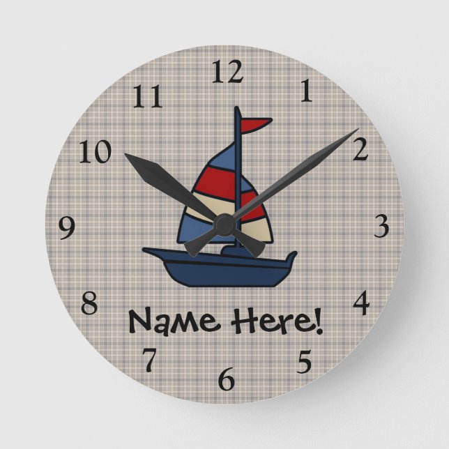 Personalized Nautical Sailboat Blue/Tan Boy's Round Clock (Front)