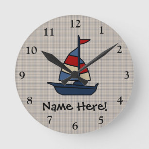 Personalized Nautical Sailboat Blue/Tan Boy's Round Clock