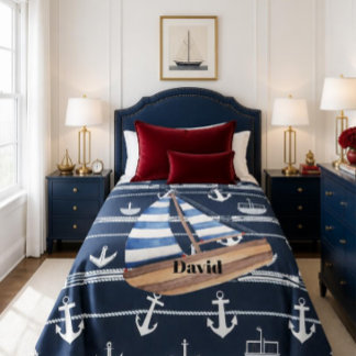 Personalized Nautical Sailboat Navy Blue Fleece Blanket