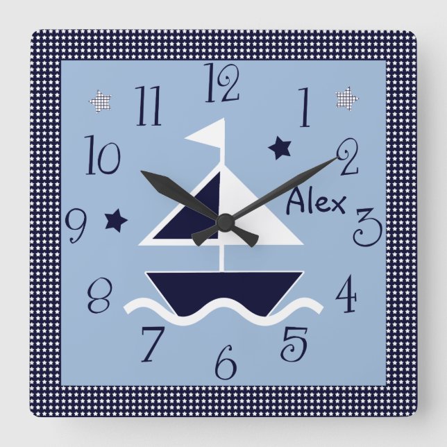 Personalized Nautical Sailboat & Stars Cute Clock (Front)