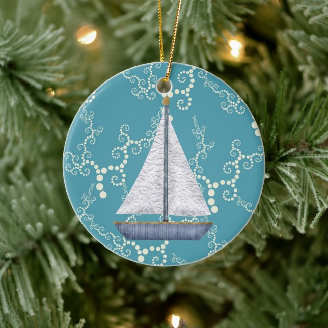 Personalized Nautical Sailboat Swirling Water Ceramic Ornament (Tree)