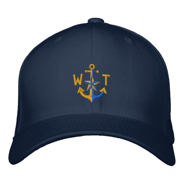 Personalized Nautical Star Golden Anchor Monogram Embroidered Hat (Front)