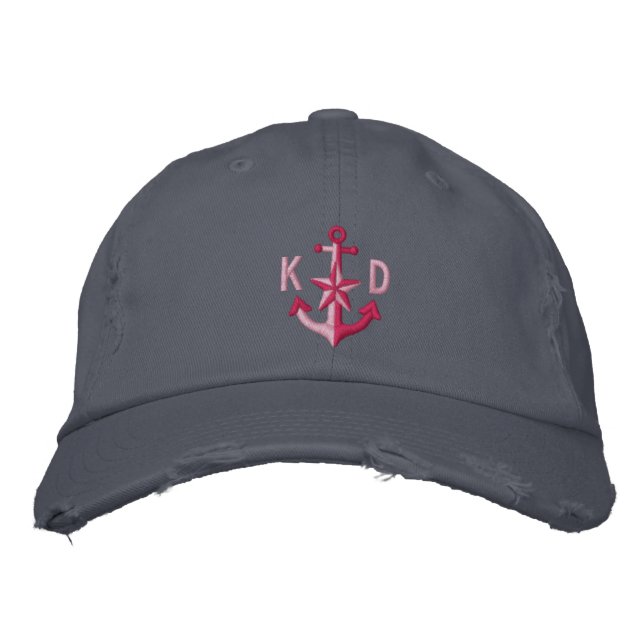 Personalized Nautical Star Pink Anchor Monogram Embroidered Hat (Front)