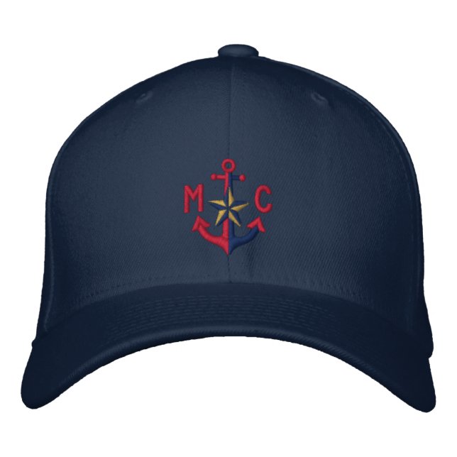 Personalized Nautical Star Red Anchor Monogram Embroidered Hat (Front)