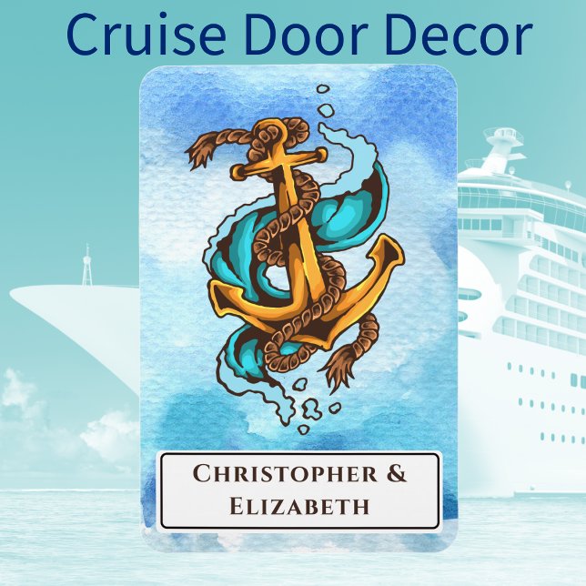 Personalized Nautical Stateroom Door Marker Cruise Magnet (Cruise Ship Vacation Door Decor. Nautical anchor theme. With monogram names.)