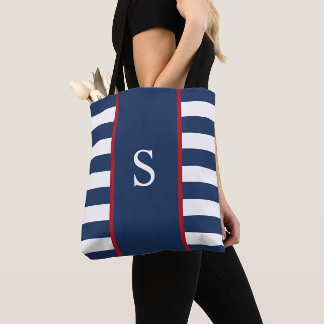Personalized nautical striped tote bag (Close Up)