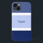 Personalized Nautical Stripes Blue and White iPhone 13 Case<br><div class="desc">You'll love this stylish nautical hued cell phone case with a blue and white stripe pattern. Multiple shades of large blue stripes plus small white stripes. Personalized with your name printed in a blue text.</div>