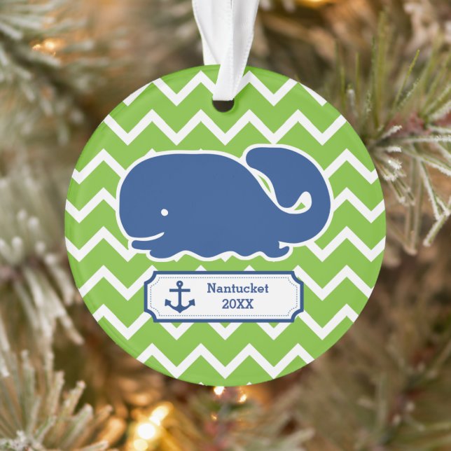 Personalized Nautical Whale Anchor Green Chevron Ornament (Tree)