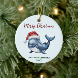 Personalized Nautical Whale in Santa Hat Christmas Ceramic Ornament