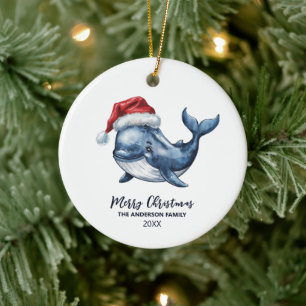 Personalized Nautical Whale in Santa Hat Christmas Ceramic Ornament