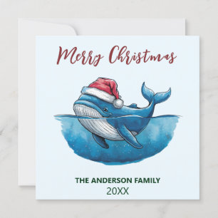 Personalized Nautical Whale in Santa Hat Christmas Holiday Card