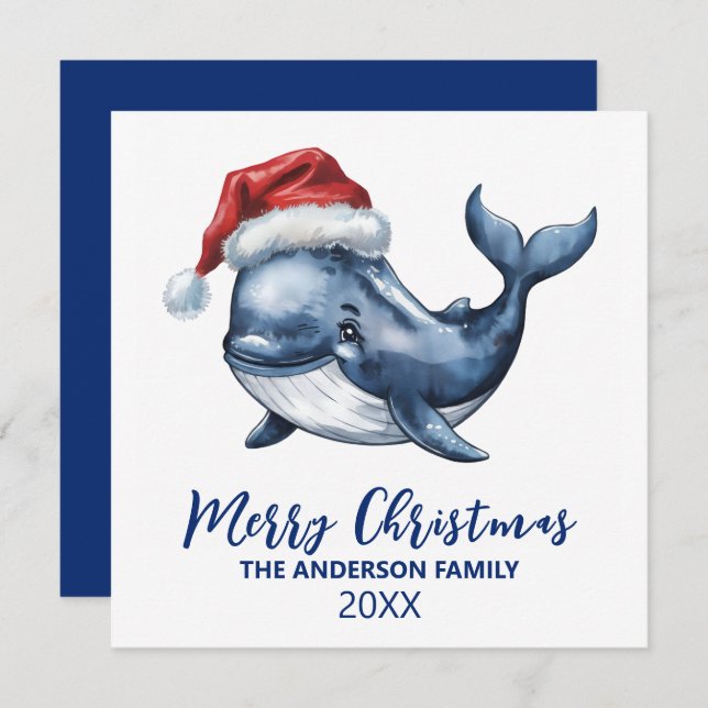 Personalized Nautical Whale in Santa Hat Christmas Holiday Card (Front/Back)