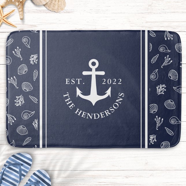 Personalized Nautical White Navy Blue Anchor Bath Mat (Personalized Nautical Navy Blue Bath Mat with a White Anchor )