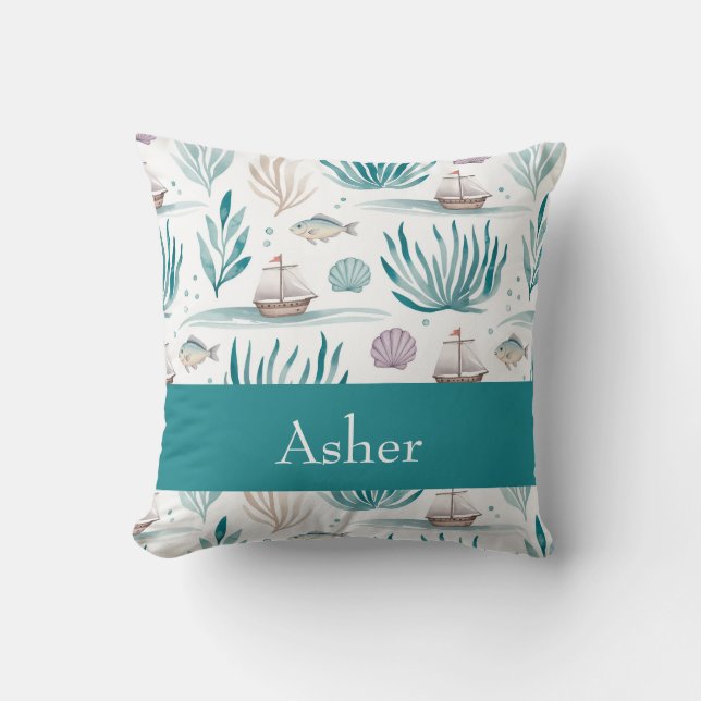 Personalized Nautical with Ships and Seashells Throw Pillow (Front)