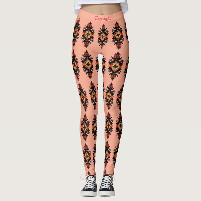 Personalized Navajo Pattern on Coral Pink Leggings (Front)
