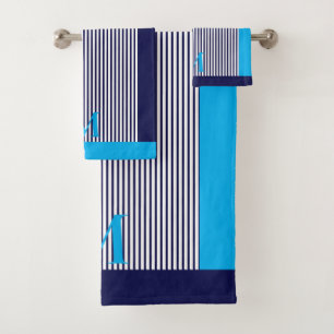 Personalized Navy And Azure Nautical Aesthetic Bath Towel Set