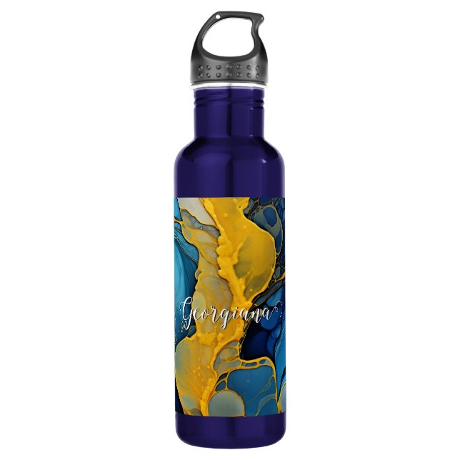 Personalized Navy and Gold Alcohol Ink Fluid Art 710 Ml Water Bottle (Front)
