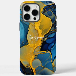 Personalized Navy and Gold Alcohol Ink Fluid Art iPhone 16 Pro Max Case