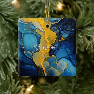 Personalized Navy and Gold Alcohol Ink Fluid Art Ceramic Ornament